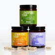 Three Liven supplement jars labeled 'Jazz Up Your Mood', 'Care For Your Stress', and 'Level Up Your Sleep'