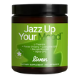 Dietary supplement jar labeled 'Jazz Up Your Mood' with green label and black lid.