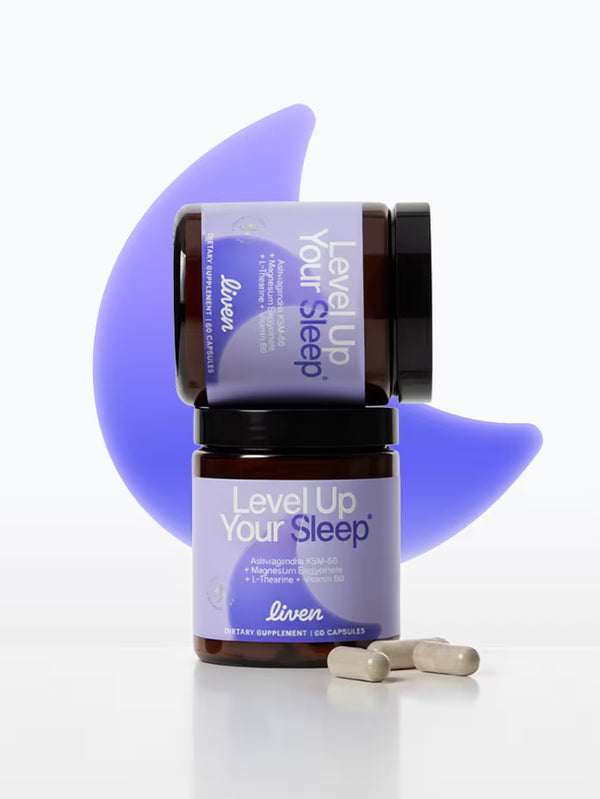 Supplement jar labeled 'Level Up Your Sleep' with capsules