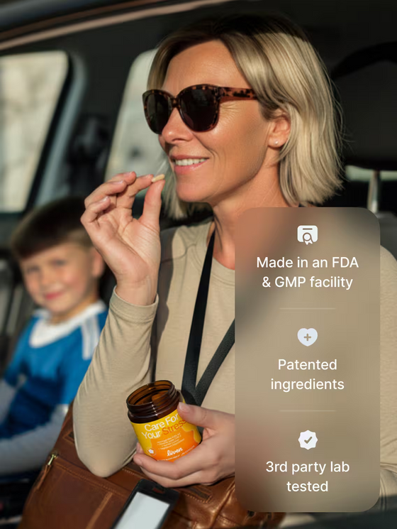 Woman applying sunscreen with a child in the background, featuring product certification text.