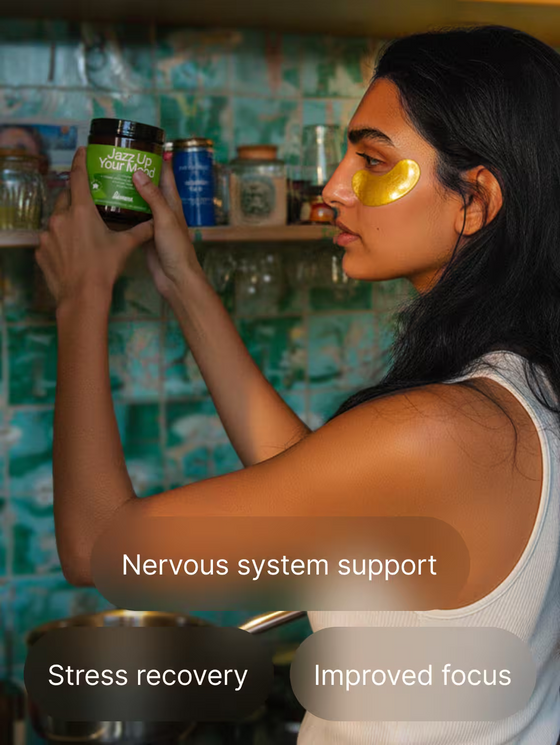Woman holding a jar labeled 'Jazz Up Your Life' with text about nervous system support, stress recovery, and improved focus.