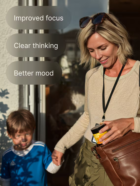 Woman holding a coffee cup with a child, with text about improved focus, clear thinking, and better mood.