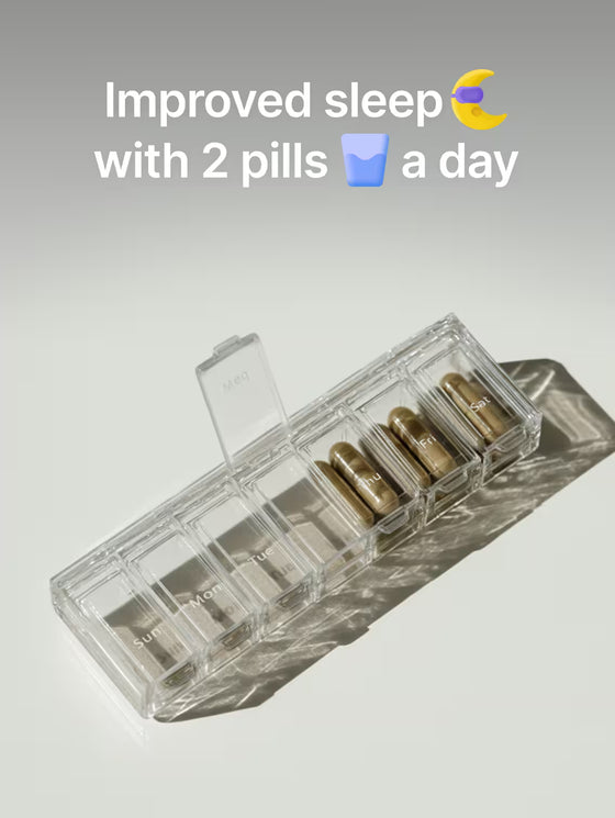 Clear pill container with two gold pills on a light gray background, accompanied by text about improved sleep.