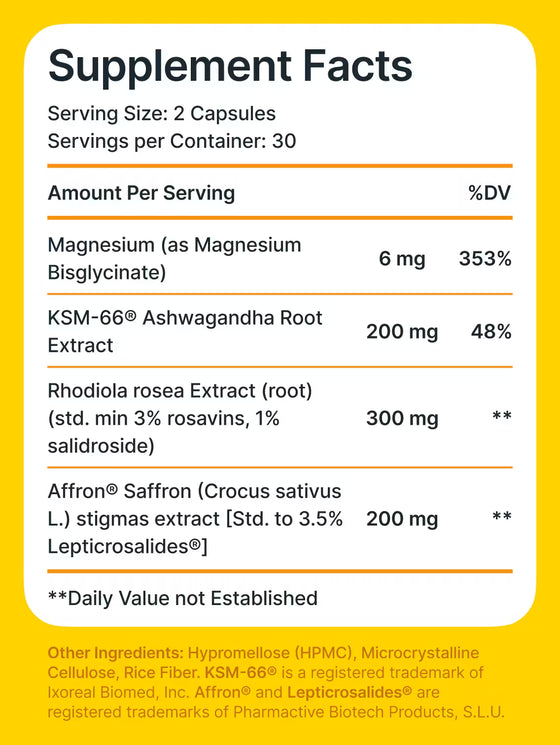 Supplement facts label with various extracts