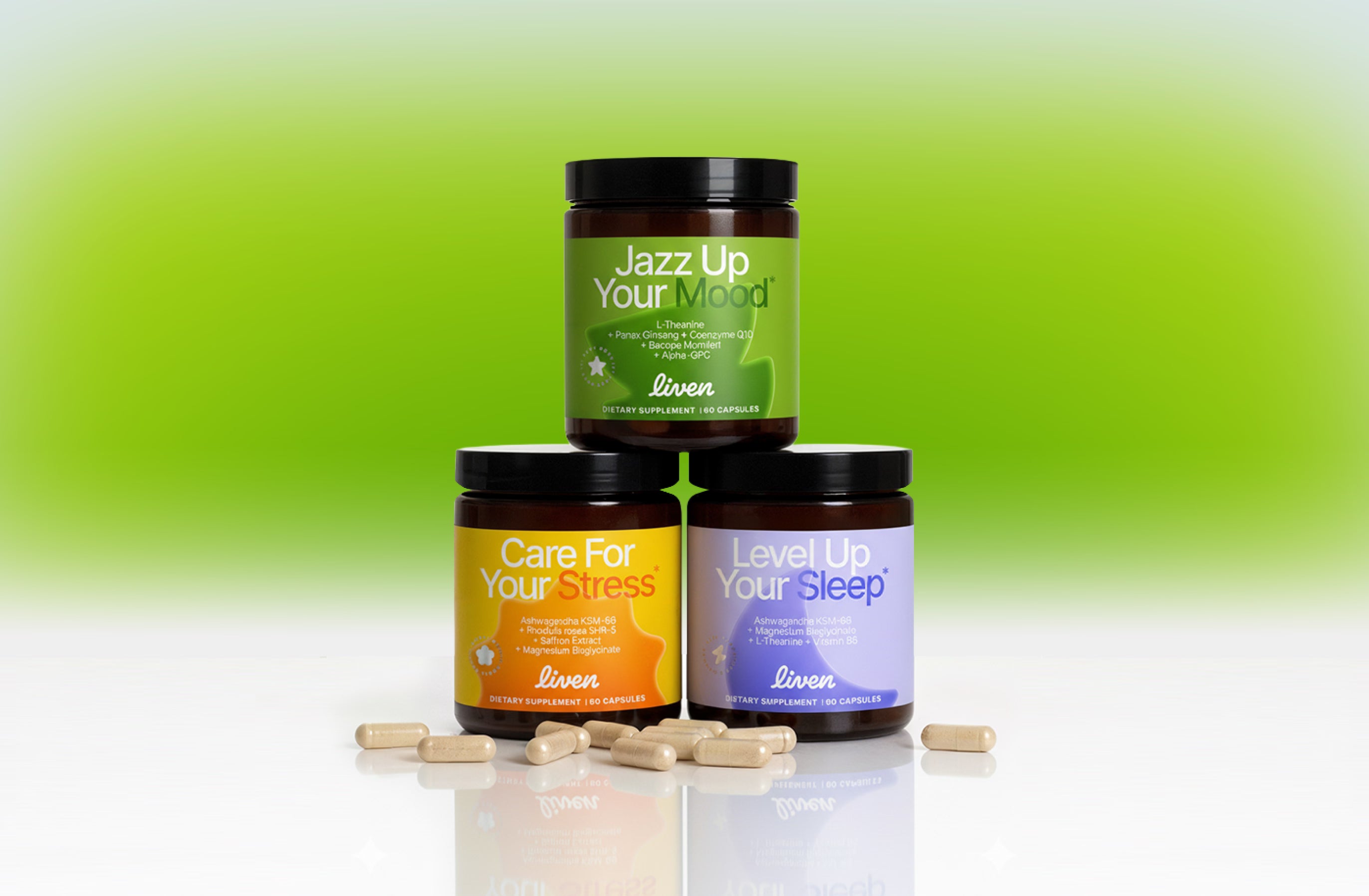 Three jars of Liven supplements